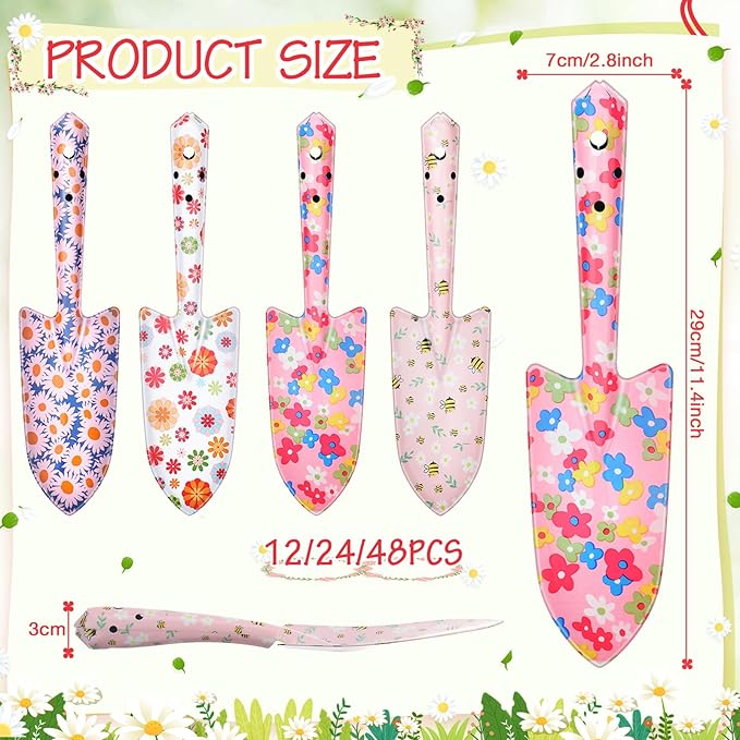 24 Pcs Floral Garden Shovels Bulk Gardening Gift for Women Heavy Duty Metal Garden Tools Floral Hand Shovel Planting for Summer Employees Birthday Thank You Gifts (Pink Daisy)