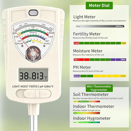 Soil Test Kit, 7-in-1 Soil Moisture Meter, Dual Screen Soil Tester, Moisture/pH/Temperature/Sunlight/Air Humidity/Fertility, Perfect for Farming, Gardening, Lawns, Outdoor-Lvory White