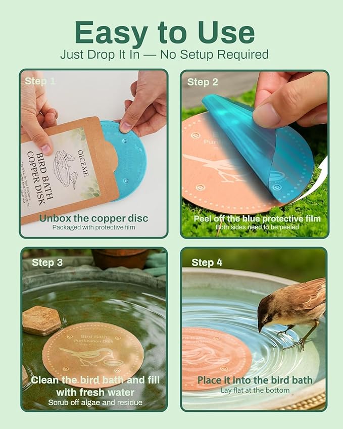 Bird Bath Purification Disk Pure Copper Backyard Outside Solar Power Wild Hummingbird Pedestal Fountain Cleaner Outside Humming Bee Feeder Cage Dispenser Ground Women Lover Gift