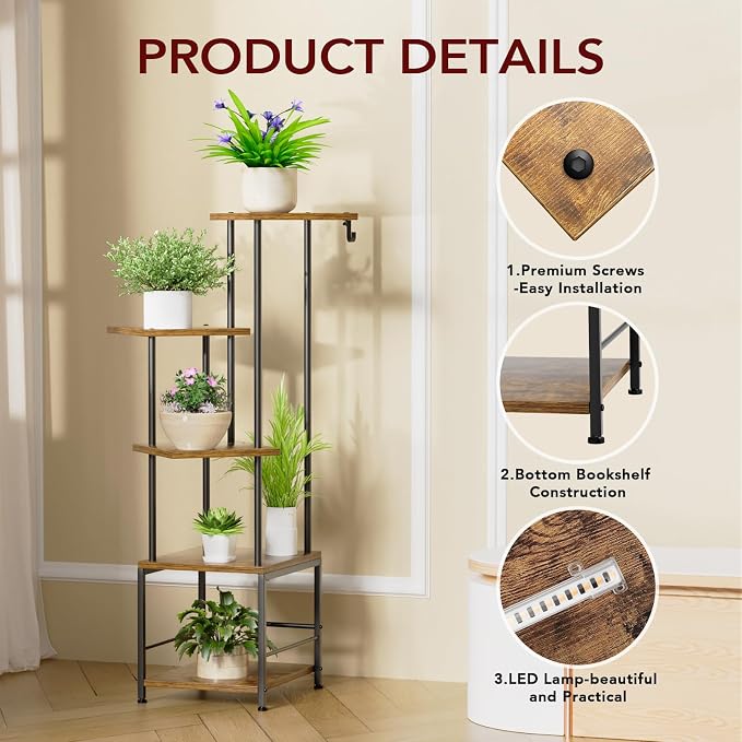 Homsorout Plant Stand Indoor with Grow Light - 5-Tier Metal Plant Shelf with Hanging Basket Hook, Corner Tall Flower Holder for Multiple Plants, Living Room Balcony Garden Patio, Rustic