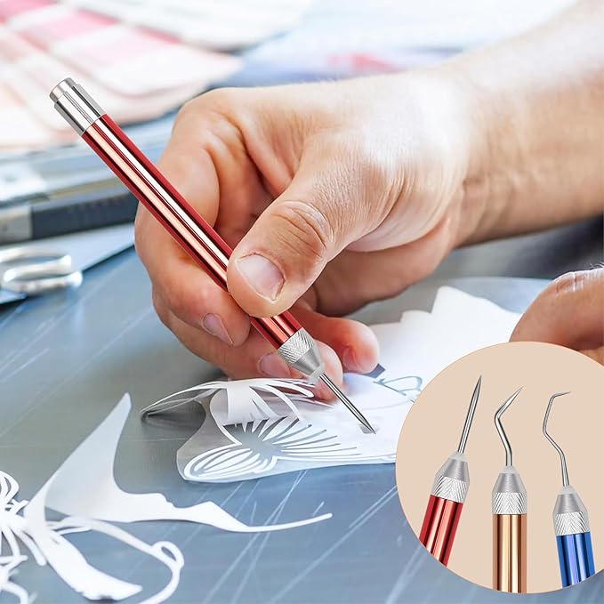 3PCS LED Weeding Tools for Vinyl with Light with Pin and Hook Lighted Pin Pen Weeding Tool for Removing Iron on Tiny Vinyl Paper Silhouette Cutting Machines Supply (Blue/Red/Rose Gold)