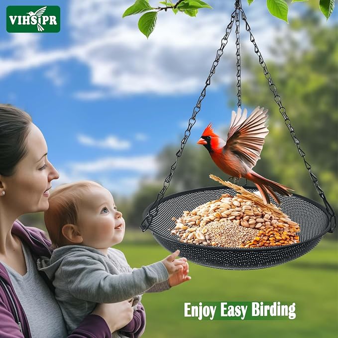 Hanging Platform Bird Feeder, 12 in, Black | Metal Mesh Seed Tray, For Wild Birds, Outdoor Use