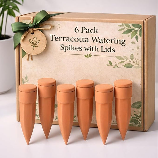 Honeydak 6pcs Small Terracotta Watering Spikes with Lids 4'' Automatic Plant Waterer Self Watering Stake Planter Insert Slow Release Device for Bottles 4-6'' Pot Plants Indoor Outdoor Garden Vacation
