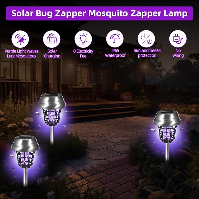 4 Pack Solar Bug Zapper Outdoor Waterproof Solar Powered Mosquito Zapper Repellent Outdoor Patio,Cordless & Auto On/Off Trap Light for Small Fly Insect Zappers for Garden Backyard Gnat for Outside