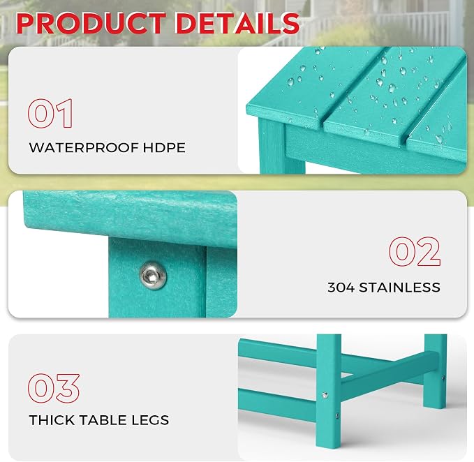 Costaelm Adirondack Conversation Table, HDPE Outdoor Drink Weather Resistant, Outdoor Patio Porch Accent Balcony Table for Pool, Seaside, Backyard, Turquoise