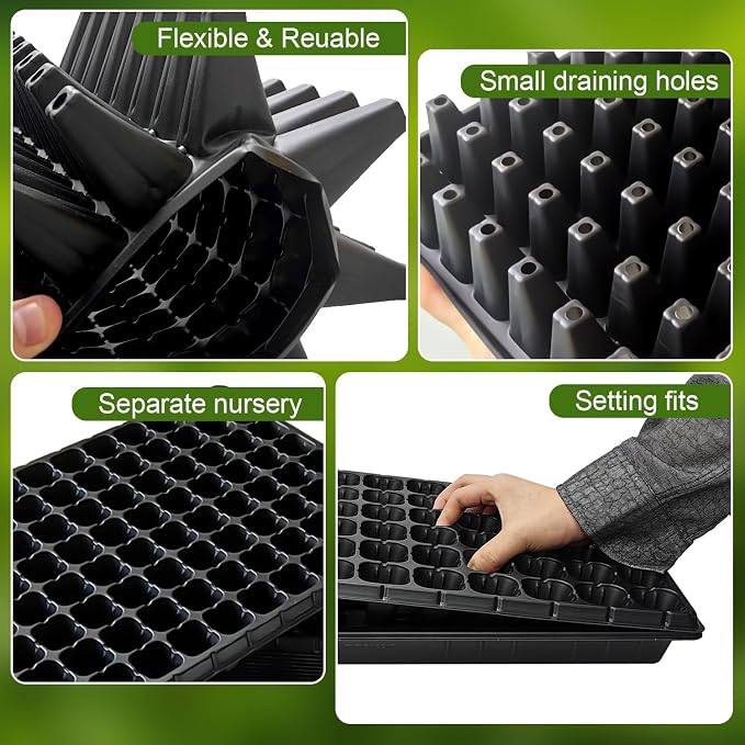 RooTrimmer 10Pcs 128 Cell Seed Starter Trays, Thick Durable Nursery 128 Cell Plug Tray Seedling Flat Plastic Shallow Tray for TD538 1020 Trays (21.26", 11.02", Deep 1.89"), GGBQ128