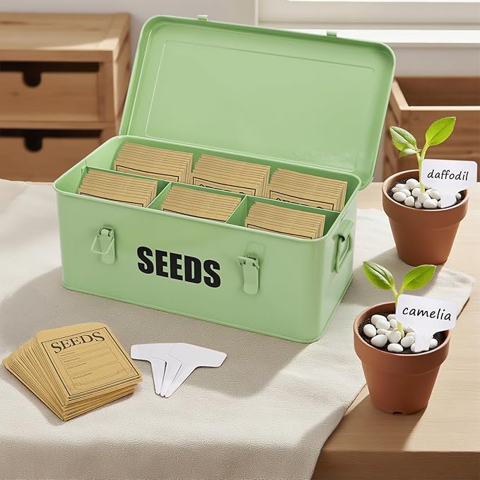 Seed Saving Box with 4 Compartments, Large Metal Seed Organizer Packet Container with Lid & Safety Locks, Garden Seed Storage Bin for Seeds with 50 Plant Labels, 20 Envelopes