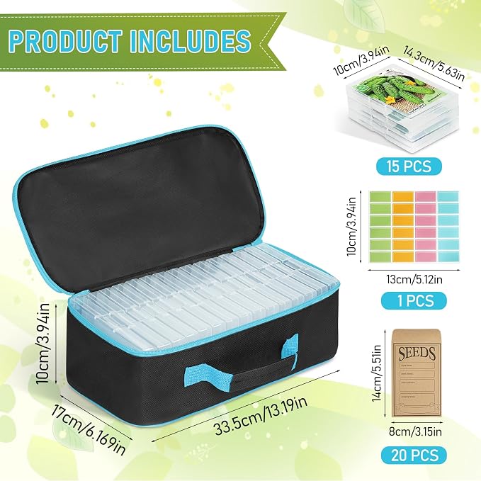 15 Slots Seed Storage Organizer Box with 20 Seed Envelopes, Large Capacity Seeds Storage Container with Zipper Bag Label Stickers, Seeds Saving Container for Garden Vegetable and Flower (Blue)