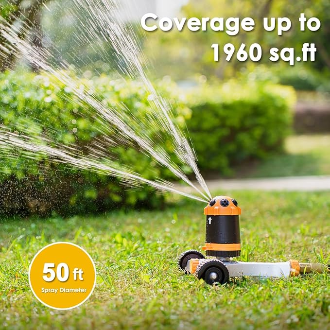 FANHAO Gear Drive Lawn Sprinkler with Metal Wheel Base, Heavy Duty 6-Pattern Water Sprinkler System, Adjustable Irrigation Sprinkler for Large Area Watering, Garden Plant, Yard and Flower Bed