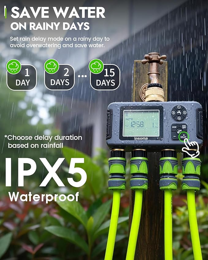 Insoma Water Timer 4 Zones with Brass Inlet & Outlet, Automatic Garden Hose Timer with Manual/Rain Delay & Large Display, IPX5 Waterproof Faucet Timers for Sprinkler System, Yard, Lawn, Greenhouse