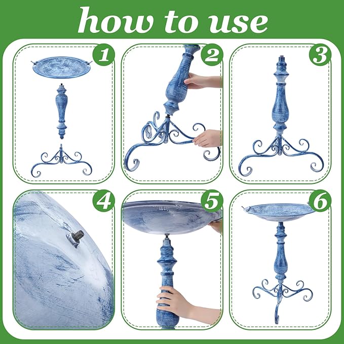 Newtay 27.25" Ornate Metal Pedestal Style Birdbath with Cast Iron Vintage Birds Baths for Outdoors on Rim Full Base Standing Bird Bath Tray for Garden Yard Decoration Not Easy to Rust (Blue)