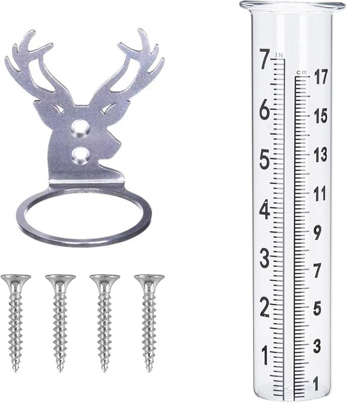 7" Rain Gauge Outdoor, Accurate Glass Tube Best Rated with Deer Shape Rack, Decorative Deer Antler Rain Measure Tool for Garden, Lawn, Patio (Style A)