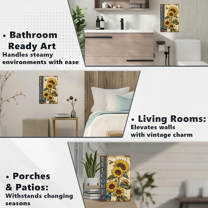 Vintage Sunflower Tin Sign Welcome Retro Garden Metal Sign Rustic Nostalgic Wall Decor For Home Garden Plaque Yard Bar Farmhouse Porch Living Room Cafe Kitchen 12 * 8 In