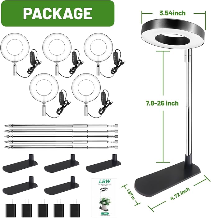 LBW Grow Light for Indoor Plants, Full Spectrum Plant Light with Base, Height Adjustable Plant Growing Lamp with Auto On/Off Timer 6/8/12/16H,3 Colors,5 Dimming Levels, for Small Plants, Black,5 packs