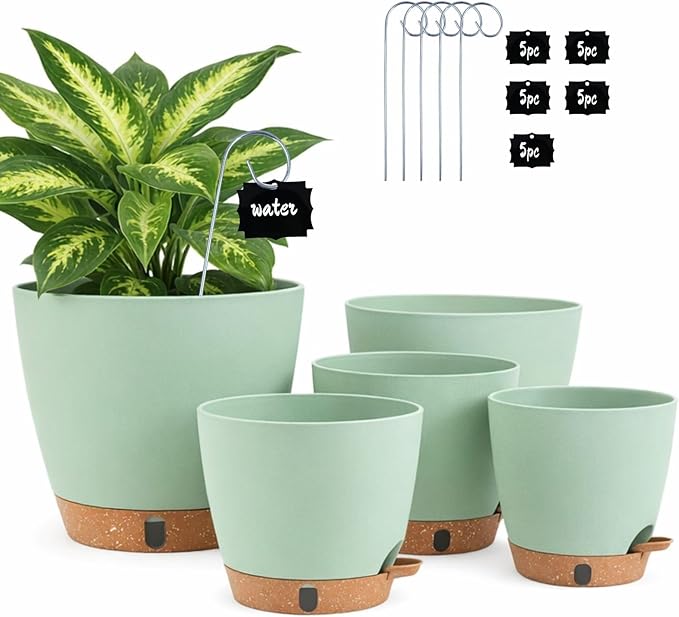 5-Pack Self Watering Pots for Indoor Plants, 10/9/8/7/6.5Inch PP Plastic Monstera Pot & Pothos Planter with Water Level Indicator, Spider Plant Pots Indoor, Self Watering Planters for Plants, Green