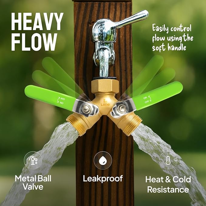 2-Way Hose Splitter – Heavy Duty Brass Y Connector with Stainless Steel Rubbered Handle, 3/4” GHT Thread – Full Flow Garden Hose Splitter for Outdoor Faucets