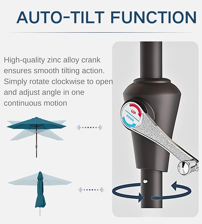 9FT Auto-Tilt Patio Umbrella|Outdoor Market Table Umbrella with 8 Fiberglass Ribs for Pool,Deck&Backyard