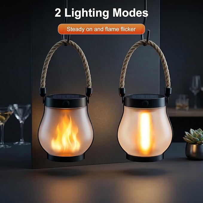 Solar Lanterns Outdoor Waterproof 2 Pack, Outdoor Solar Lanterns with Flickering Flame Effect, USB-C & Solar Charging, Auto Dusk to Dawn, Hanging Light for Garden Patio Yard