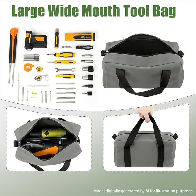 Small Tool Bag,Close Top Wide Mouth Tool Organizer Bag,Large Capacity Tool Bags for Men,Canvas Tool Storage Bag for Storage Handbag for Screwdrivers,Wrench (Shoulder strap+Gray, 16 Inch)