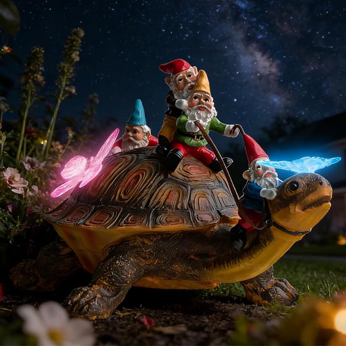 Funny Garden Gnomes Tortoise Decorations for Yard Statue with Solar Lights Outdoor Sculpture Decor