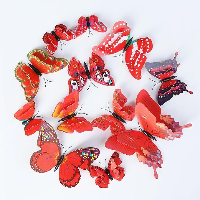OPSEAM Butterfly Wall Decor 72 PCS, 3D Butterflies Stickers for Party Decorations with Magnets (Red, 72)