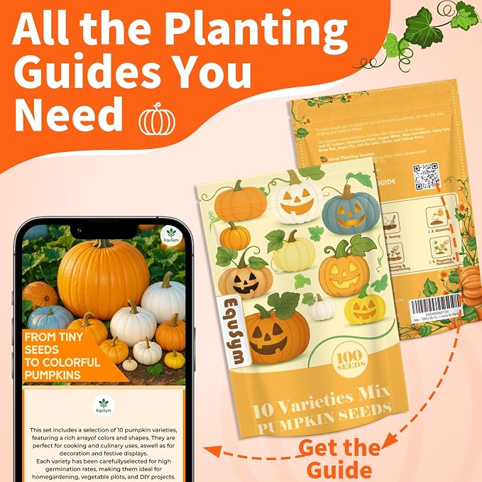 10 Variety Mix Pumpkin Seeds for Planting - 100 Heirloom Seeds, Baby Boo, Blue Jarrahdale, Jack Be Little, Jack O Lantern, Sugar Pie, Yellow Paris for Summer & Fall, Non GMO Pumpkin Seed