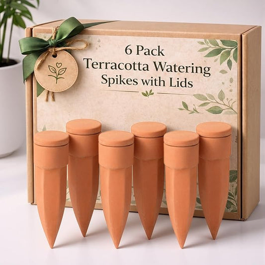 Honeydak 6pcs Medium Terracotta Watering Spikes with Lids 5'' Automatic Plant Waterer Self Watering Stake Planter Insert Slow Release Device for Bottles 5-9'' Pot Plants Indoor Outdoor Garden Vacation