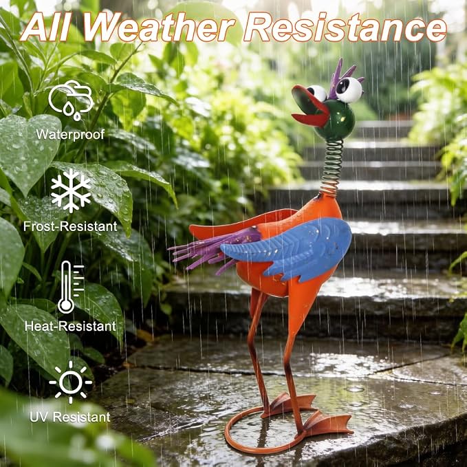 Metal Wacky Rooste Garden Statue, 16.54‘’ Rooster Decor Yard Statue Decorations Outdoor, Chicken Yard Art for Outside, Patio, Backyard, Lawn (Yellow & Blue)