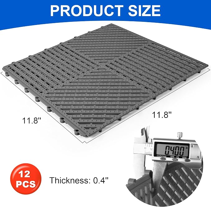 MYFAMIREA Modular Interlocking Cushion 12 Pack 11.8" x 11.8" Rubber Floor Tiles Non-Slip Splicing Drainage Mats for Deck, Pool, Shower, Patio, Balcony, Bathroom, Kitchen, Yard (1 Rows Dots, Dark Gray)