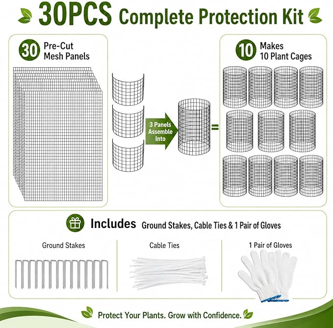 30Pcs Plant Protector from Animals, 10 Pack Metal Wire Plant Cages for Garden, 13" H x 16" D Plant Protection Cage with Ground Stakes for Tomatoes, Vegetables, Flowers Rabbit & Squirrel Barrier