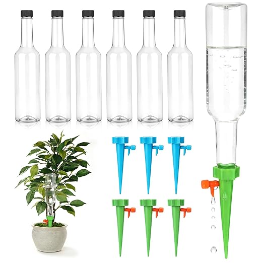 6 Set Plant Watering Devices with Self Watering Spikes Automatic Planter Insert Spikes with Bottle Waterer Devices with Adjustable Control Valve for Vacation Garden Indoor(25 oz Bottle)