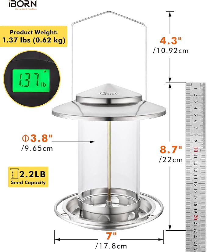 iBorn Metal Bird Feeders for Outdoors,Easy Clean Bird Seed Feeder,Hanging Bird Feeder for Seeds with Gift Box,3-Second Refill Bird Feeder,Nickle 6 Port (Seed is not Included)