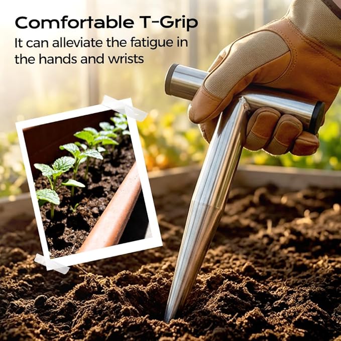 Stainless Steel Plant Hole Digger, Handheld Garden Dibber, Seed Planter Tool for Sowing, Fertilizing, Transplanting, Bulb,Vegetable Seed Planting, Pointed Garden Loosening Tool (1, L)