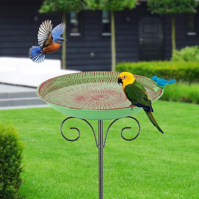 Metal Bird Bath for Outdoor,10" Standing Frees Birdfeeder with Metal Stake,Vintage Bird Baths Feeder Bowl for Outdoors Garden Patio Yard Lawn Decor (Green)