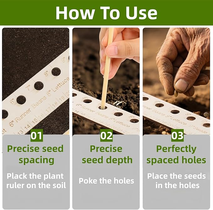 Spacer Tool Seeder Planting Ruler, Precision Seed Spacer & Ruler with Holes and Plant Dibber, for Vegetable, Garden, Yard, Wooden with Holes