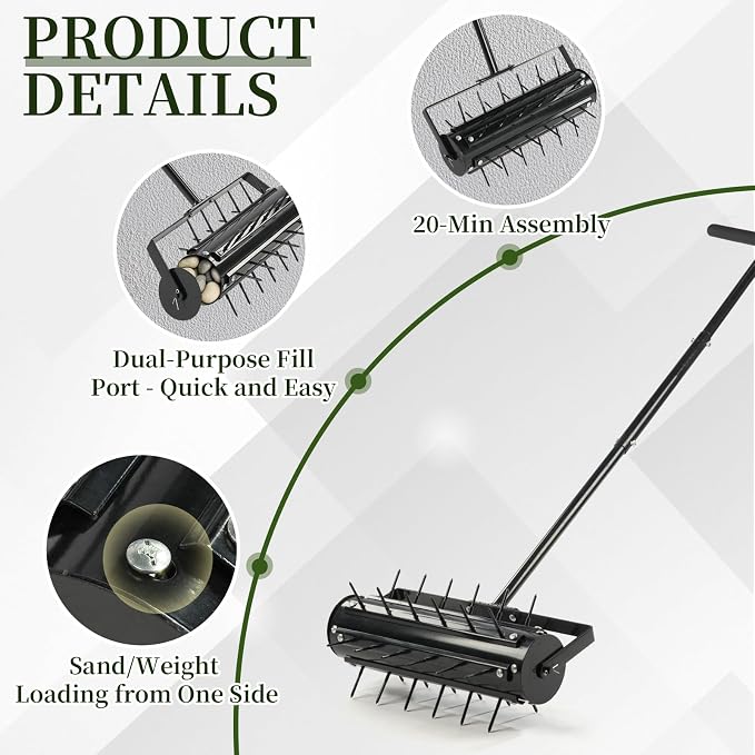18in Rolling Lawn Aerator, Heavy Duty Manual Aerator Lawn Tool, Lawn Spike Aerator Roller with Adjustable Handle, Soil Penetrator Push Lawn Aeration for Garden Yard Patio (Black)