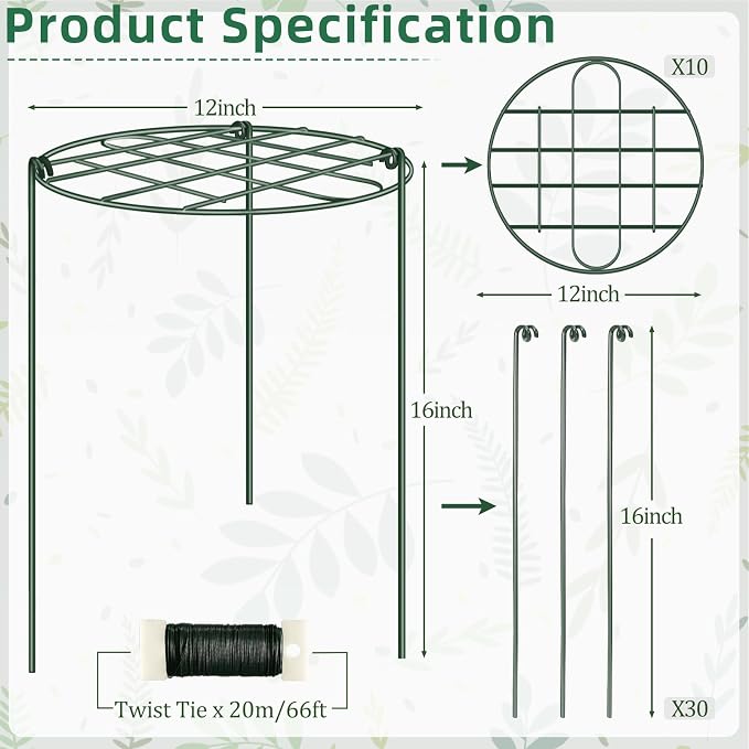 10 Pack Peony Cages and Supports 12 x 16 Inch Grow Through Plant Supports for Outdoor Plants,Plant Brace Flower Support Rings Hoops for Vegetables,Rose,Tomato,Orchids