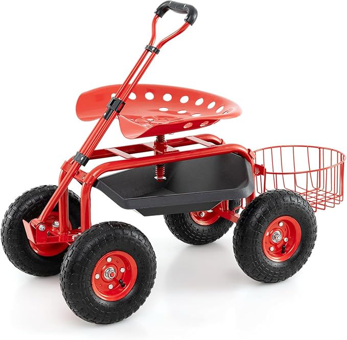 IRONMAX Garden Cart with Seat, Gardening Rolling Stool Scooter with 10’’ All-Terrain Wheels, Adjustable Steering Handle, Tool Tray and Basket, Outdoor Work Seat for Planting (Red)