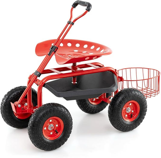 IRONMAX Garden Cart with Seat, Gardening Rolling Stool Scooter with 10’’ All-Terrain Wheels, Adjustable Steering Handle, Tool Tray and Basket, Outdoor Work Seat for Planting (Red)