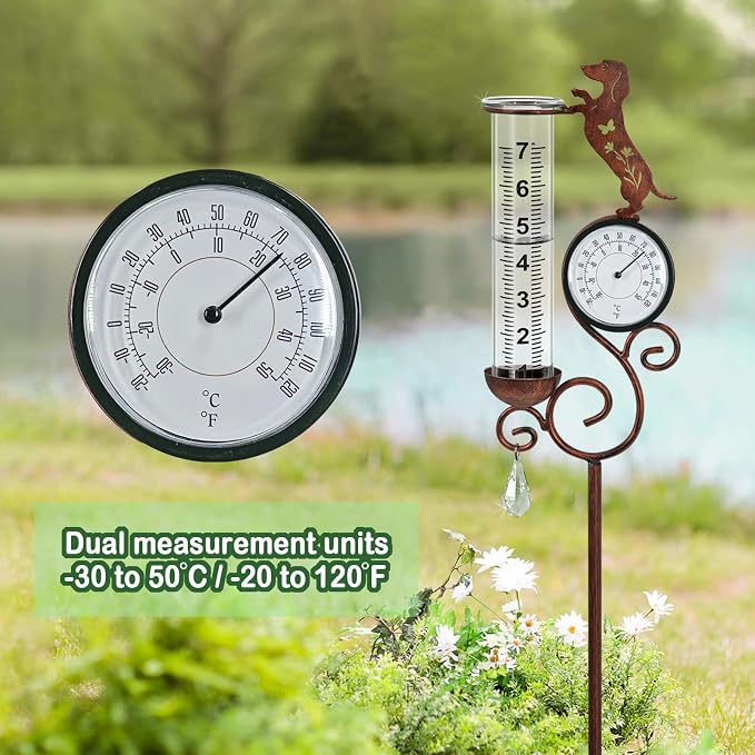 Dog Rain Gauge Outdoor,Large Number Scale Rain Gauge with Temperature & Hygrometer Metal Dachshund Garden Stakes for Outside,Lawn,Yard,Patio,Farm