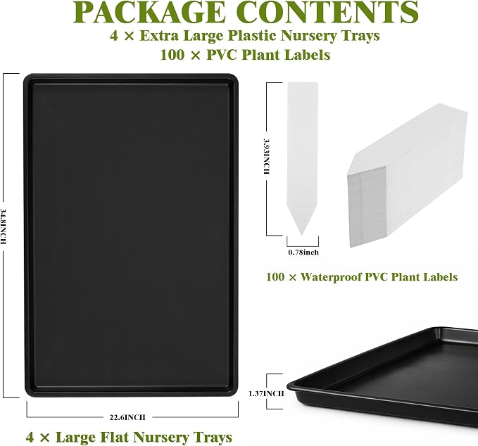 Feekoon 4 Pack Extra Large Plant Saucer Growing Tray - 34" x 22"Seed Starting Trays - Each Fits 3×1020 Trays (Holds 12 Total), Thick Reusable Flats with 100 PVC Plant Labels, Bottom Watering