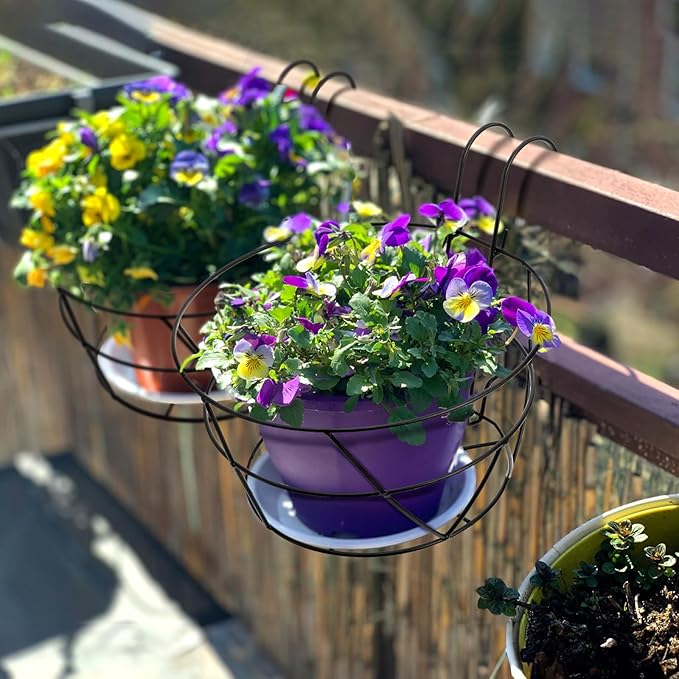 Pumtus 3 Pack Railing Planter Holders, 10'' Round Iron Hanging Fence Pot Basket, Over The Rail Indoor Outdoor Plant Hanger Rack, Black Balcony Flower Stand Shelf for Porch, Railing, Patio, Garden
