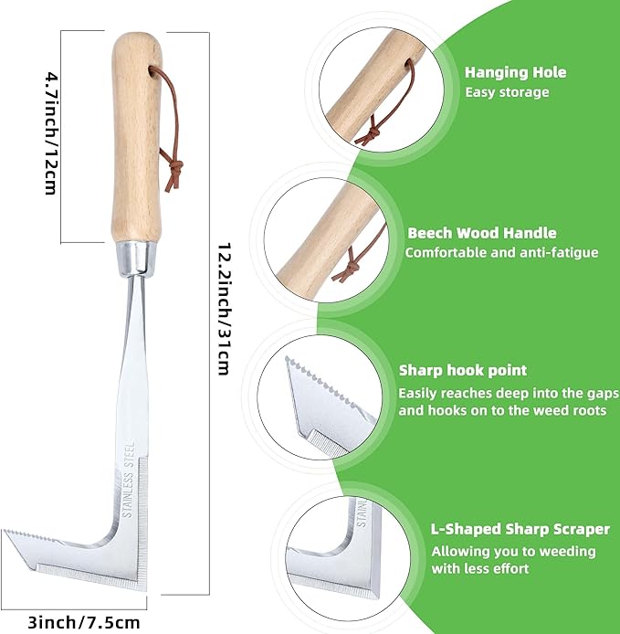Crack Weeder, Stainless Steel Crevice Weeding Tool, L-Shaped Side-Walk Weed Puller Spatula, Efficient Manual Weeder for Sidewalk, Paver, Narrow and Wall Gaps