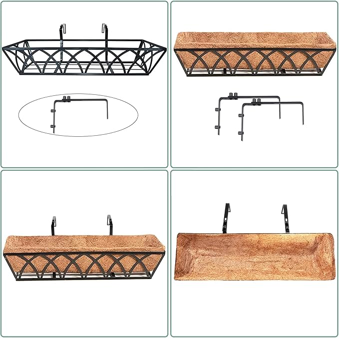 24 Inch Railing Planter Box with Coco Liner, Adjustable Metal Window Box, Hanging Flower Planter Outdoor, for Balcony Deck Fence Garden, Black, Set of 4