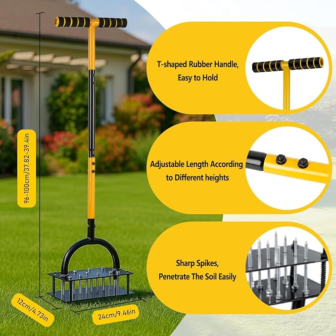 Lawn Aerator Tool with 16 Steel Spikes, Grass Aerator Lawn Tools with Spring-Loaded Design & Adjustable T-Handle, Pre-Assembled Hand Aerator Lawn Tool for Lawn, Courtyard and Garden