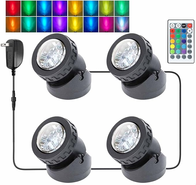 Colored Pond Lights with Timer, RGB Weighted Fountain Light IP68 Waterproof, Dimmable Outdoor Landscape Lights Fish Tank Pond Fountain Garden, 4 in Set