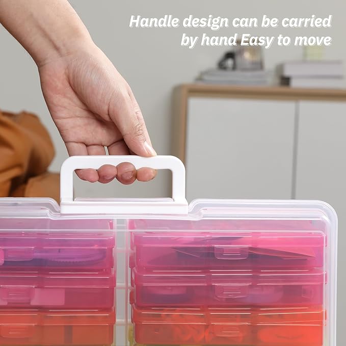 PCA Photo Storage Box 4" x 6" Cases With Handle - 16 Inner Keeper, Large Organizer, Plastic Craft Case for Stickers, Stamps, Jigsaw, Vegetable Seeds