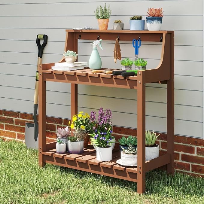 Potting Benches for Outside, HDPE Garden Potting Table All Weather, Outdoor Potting Table with Storage for Patio, Backyard, Garden, Brown