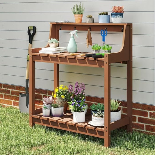 Potting Benches for Outside, HDPE Garden Potting Table All Weather, Outdoor Potting Table with Storage for Patio, Backyard, Garden, Brown