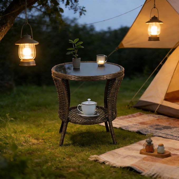 Outdoor Side Table - Patio Wicker End Table with Extra Storage Shelf, Rattan Outdoor Side Table with Round Glass Tabletop for Garden, Backyard, Porch, Black Gold